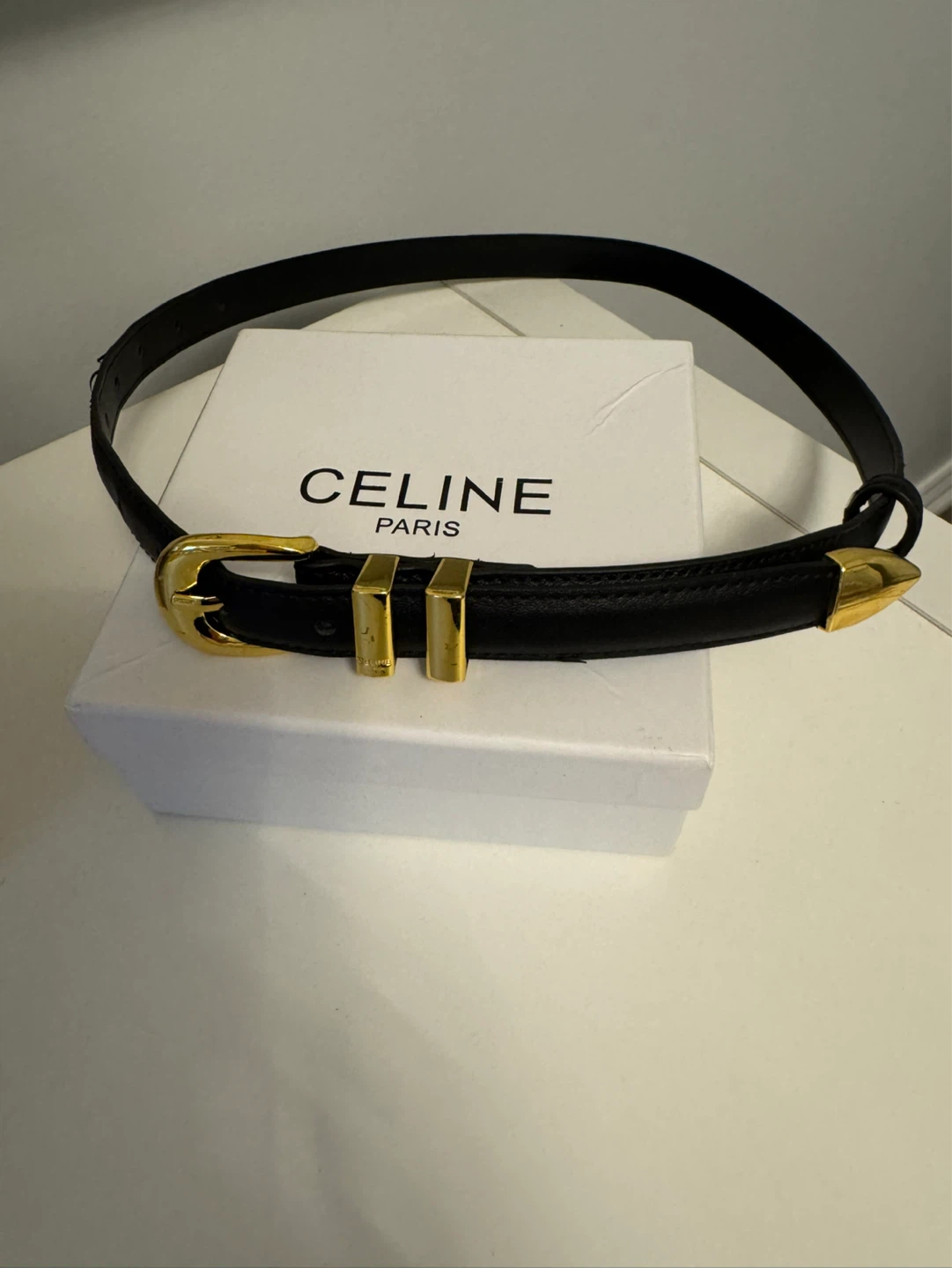 CELINE PARIS Black Leather Belt with Gold Hardware