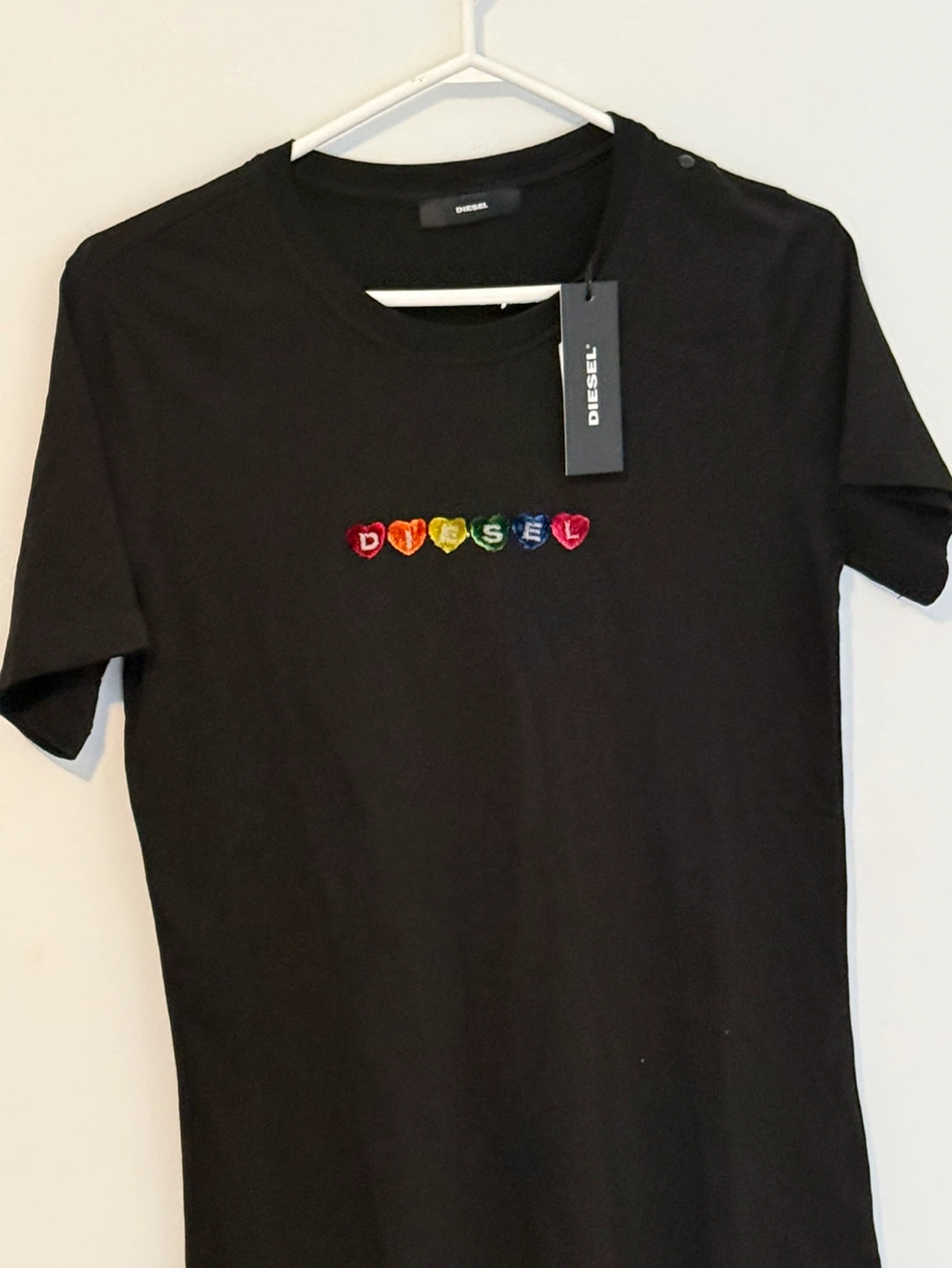 Diesel Black T-Shirt with Rainbow Heart Logo - Size S