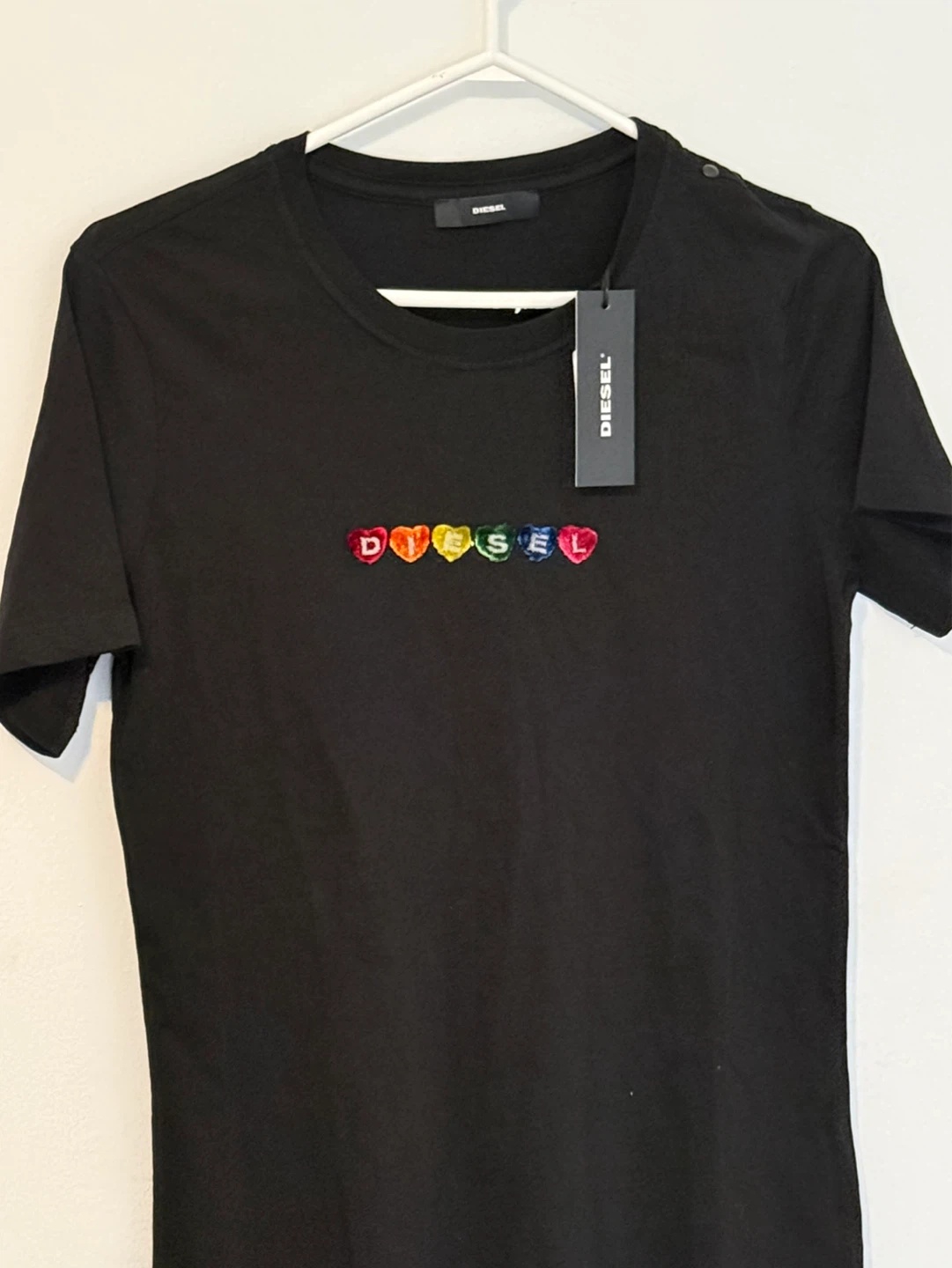 Diesel Black T-Shirt with Rainbow Heart Logo - Size S - photo 2