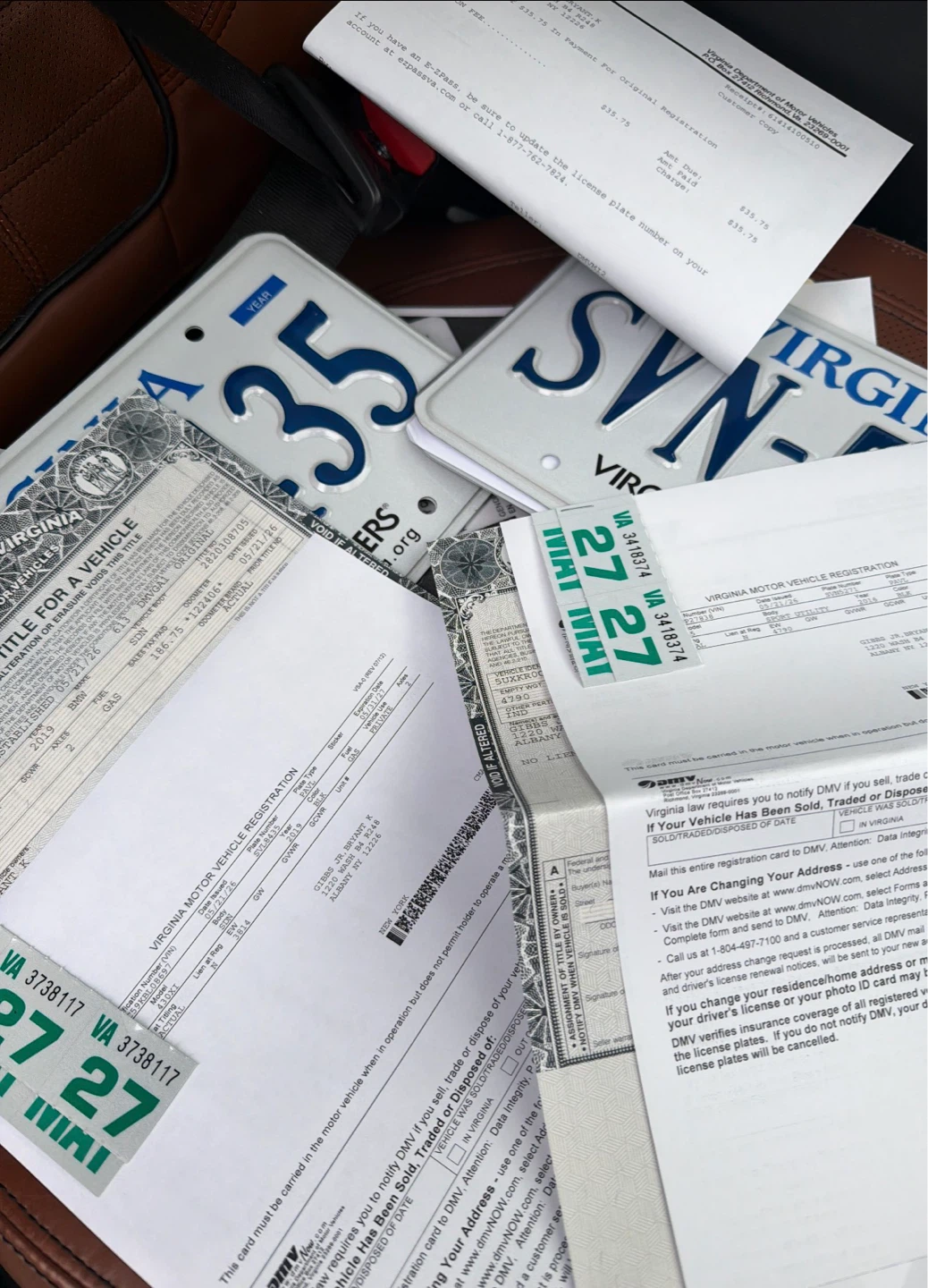 Virginia DMV Vehicle Registration and Title Documents