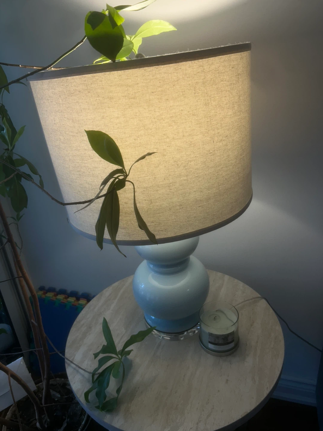 Light Blue Table Lamp with Cream Shade