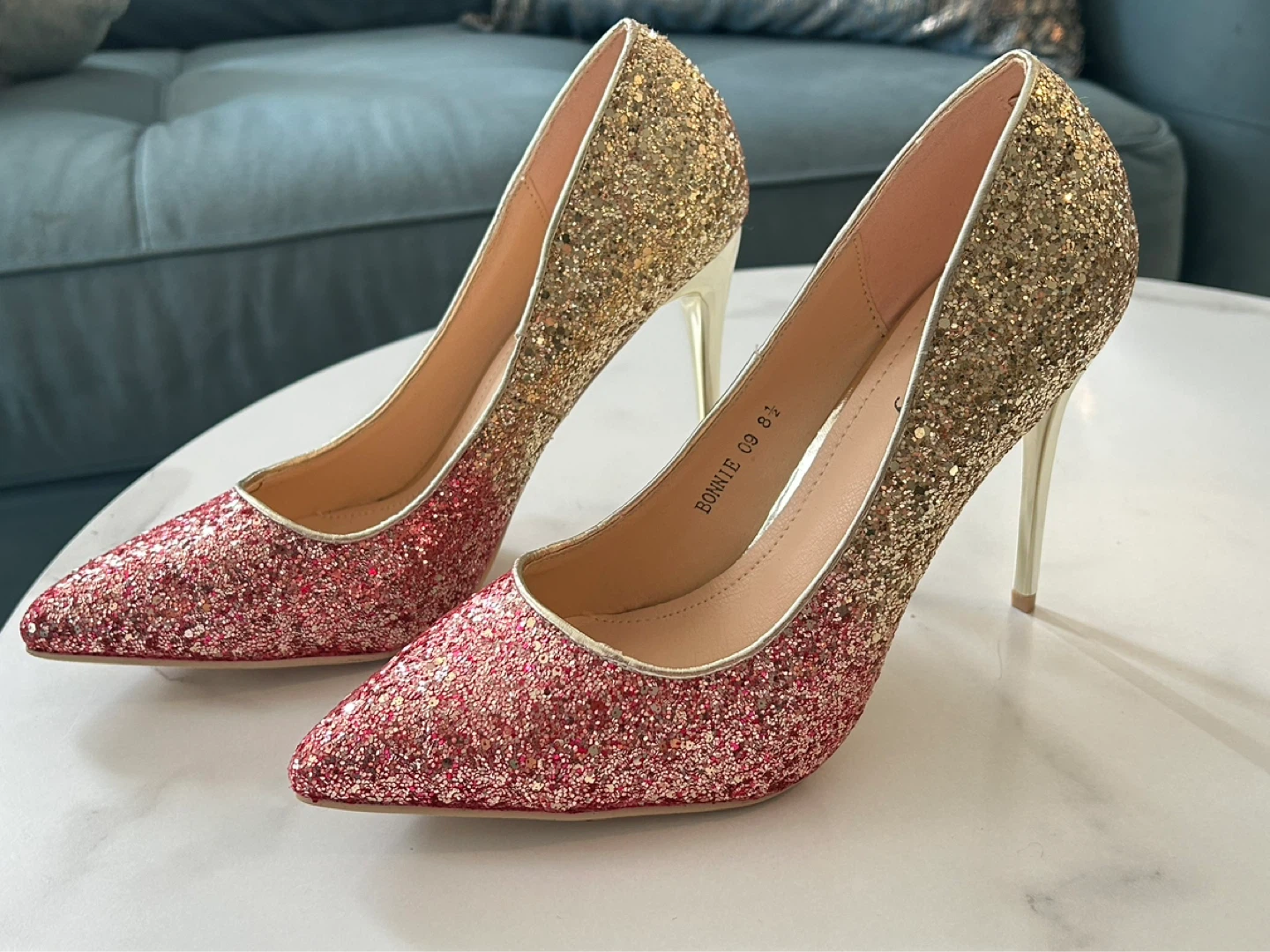 Size 8.5 - Mila Lady, Sparkly Gold and Pink Stiletto Heels
