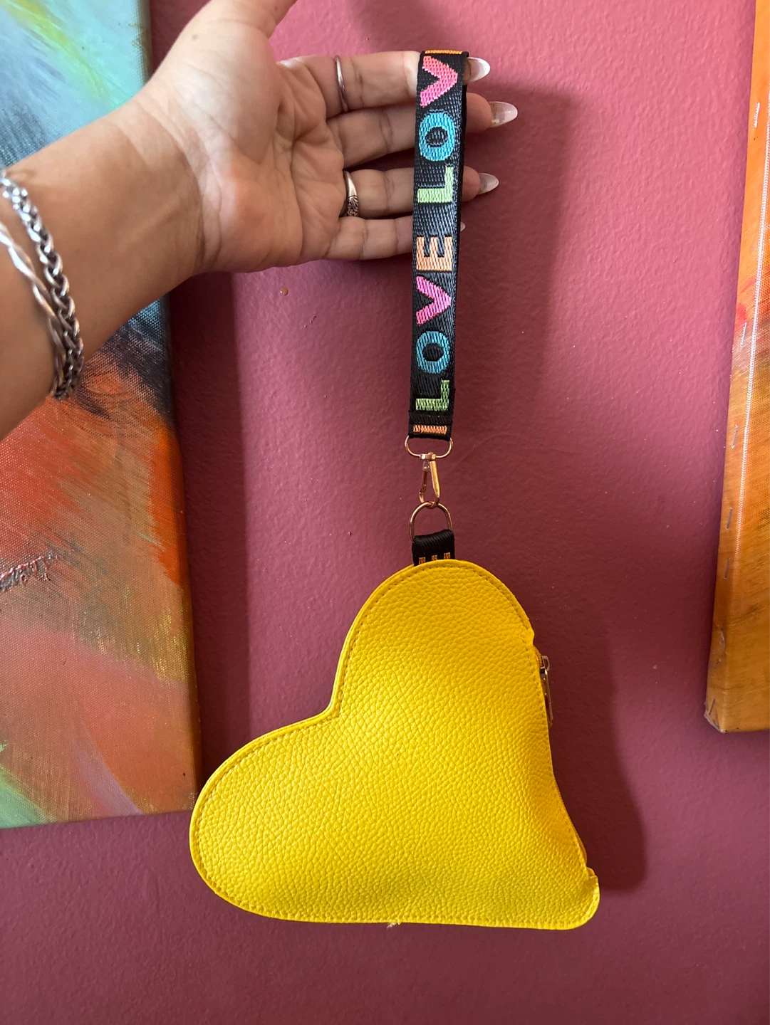 ⚽️ Vegan Leather Yellow Heart Shaped clutch LOVE" Wrist Strap
