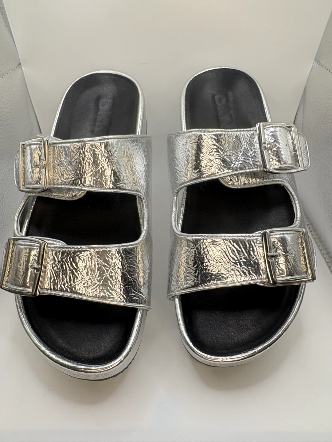 Size 7 - DKNY Silver Double Buckle Slide Sandals - photo 2