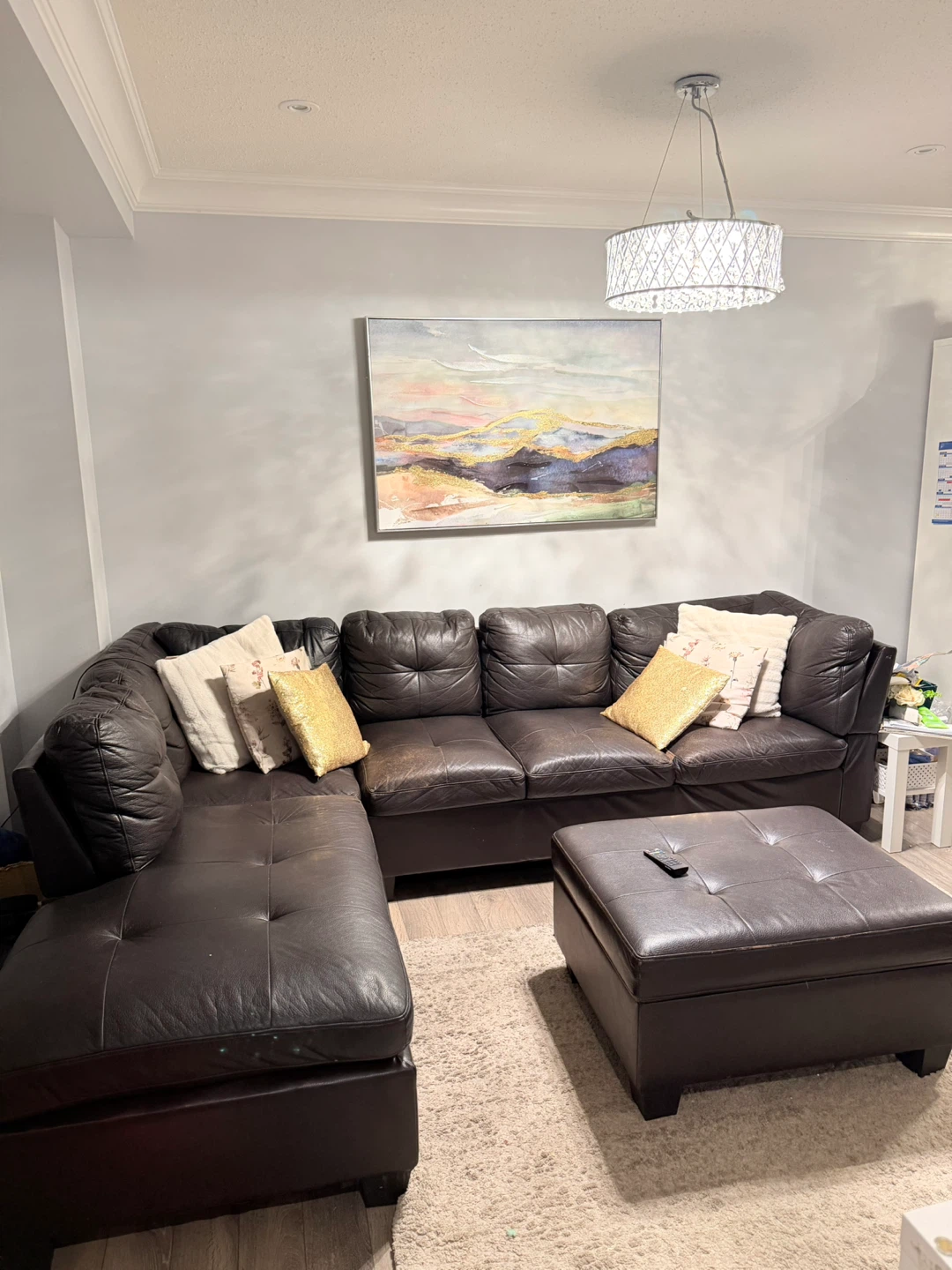 Dark Brown Leather Sectional Sofa with Ottoman