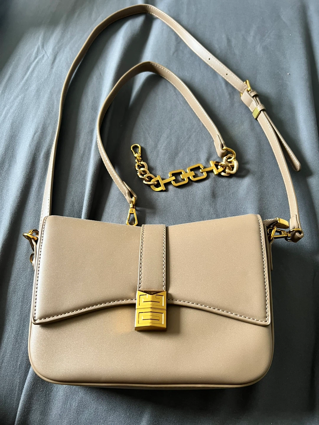 Beige Faux Leather Shoulder Bag with Gold Hardware