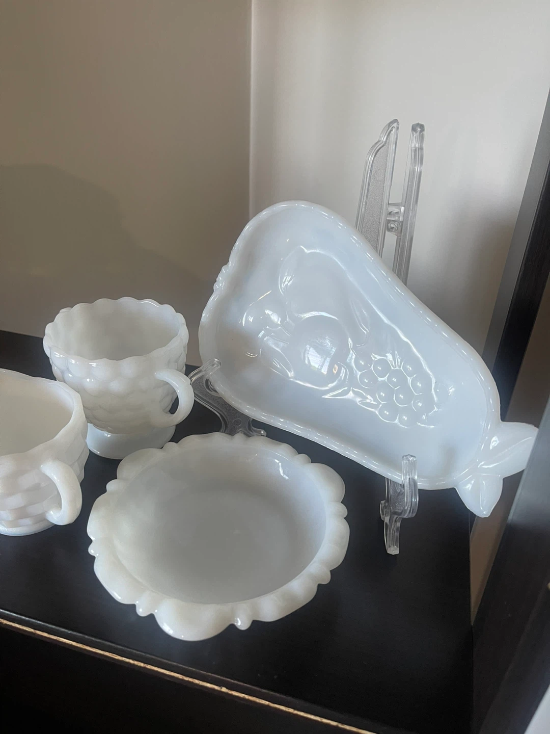 White Milk Glass Creamer, Sugar Bowl, and Dish Set