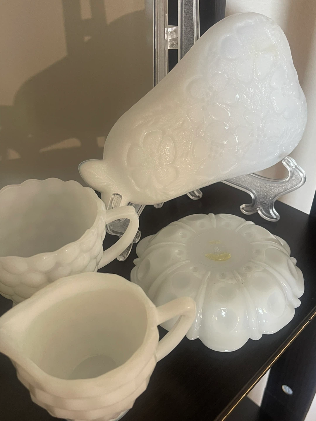 White Milk Glass Creamer, Sugar Bowl, and Dish Set - photo 2