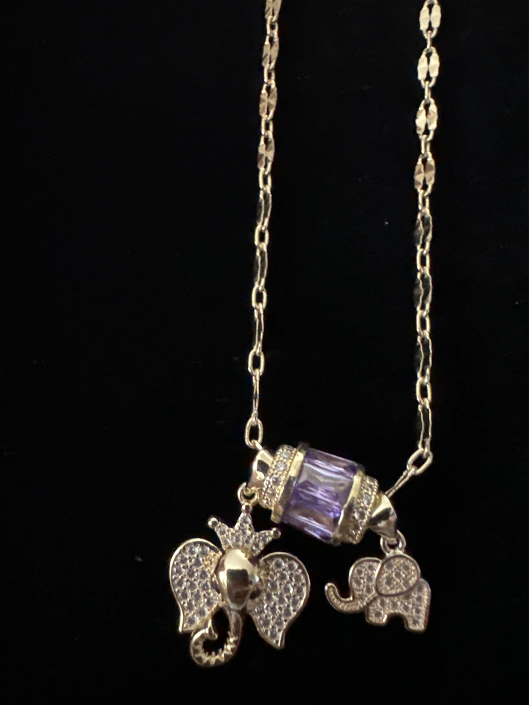 14kGold laminated Elephant Charm Necklace with Purple Crystal