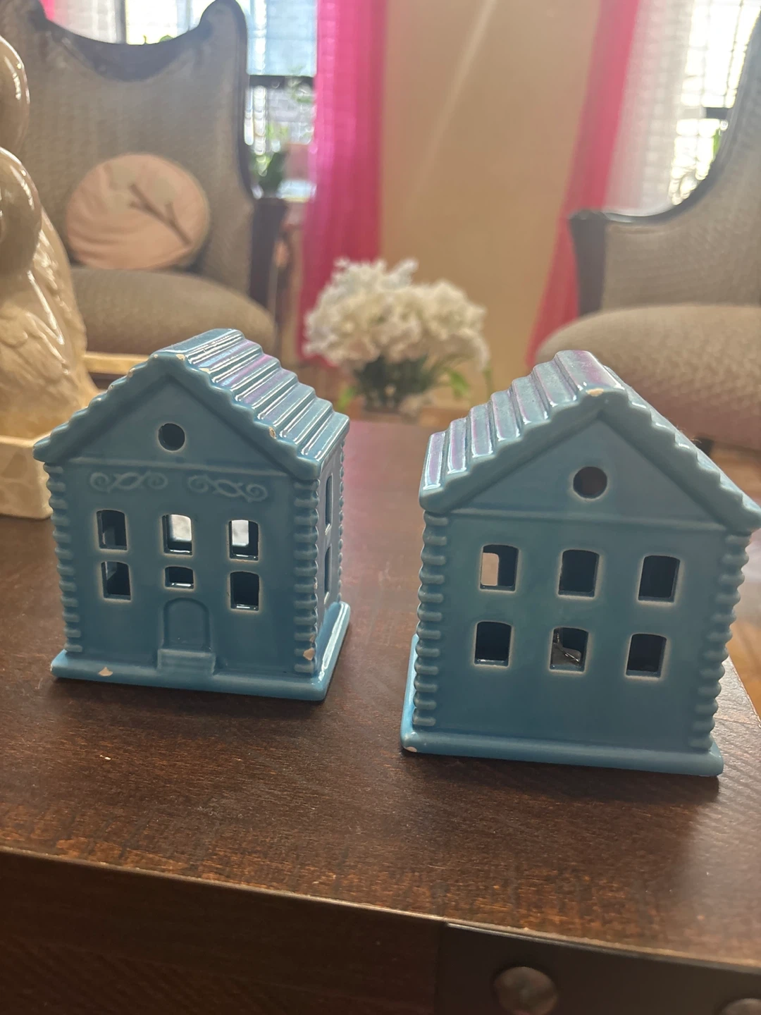 ⚽ Blue Ceramic House Candle Holders - Set of 2