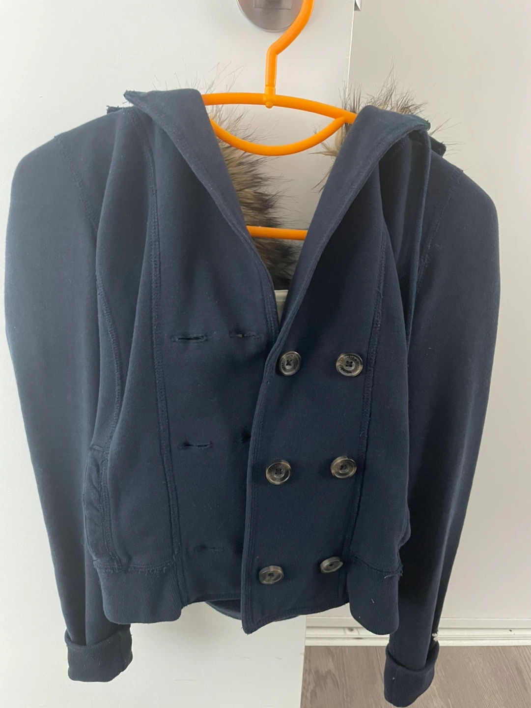 Abercrombie & Fitch Navy Double-Breasted Hoodie with Fur Trim