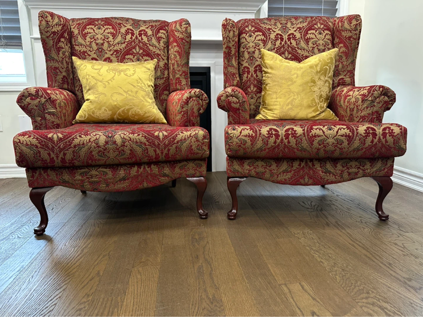 Two Red and Gold Damask Wingback Accent Chairs