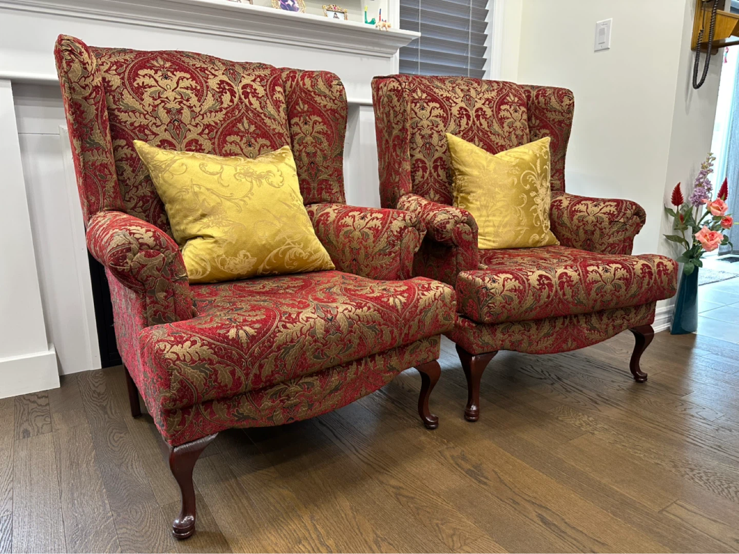 Two Red and Gold Damask Wingback Accent Chairs - photo 4