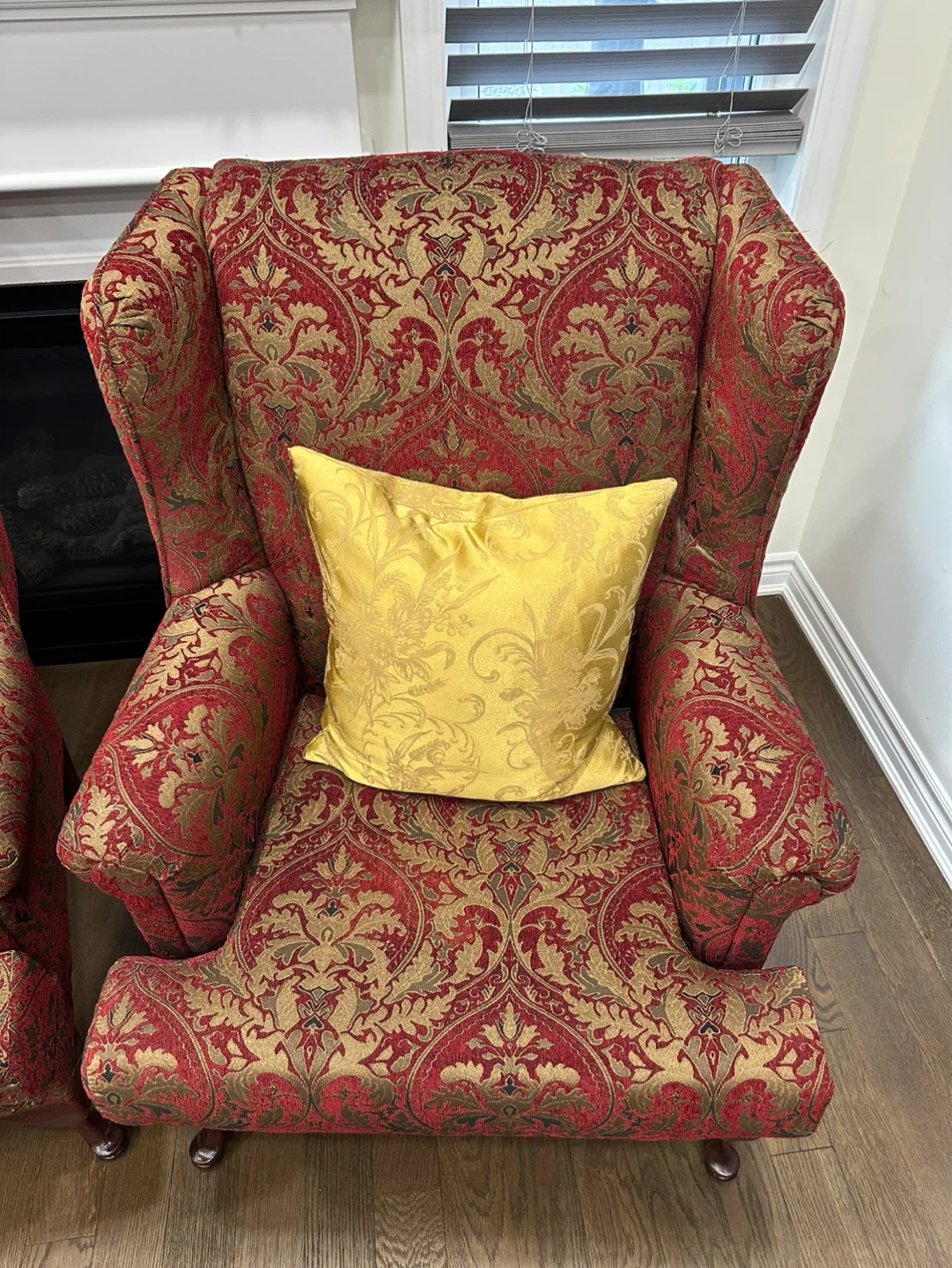 Two Red and Gold Damask Wingback Accent Chairs - photo 3