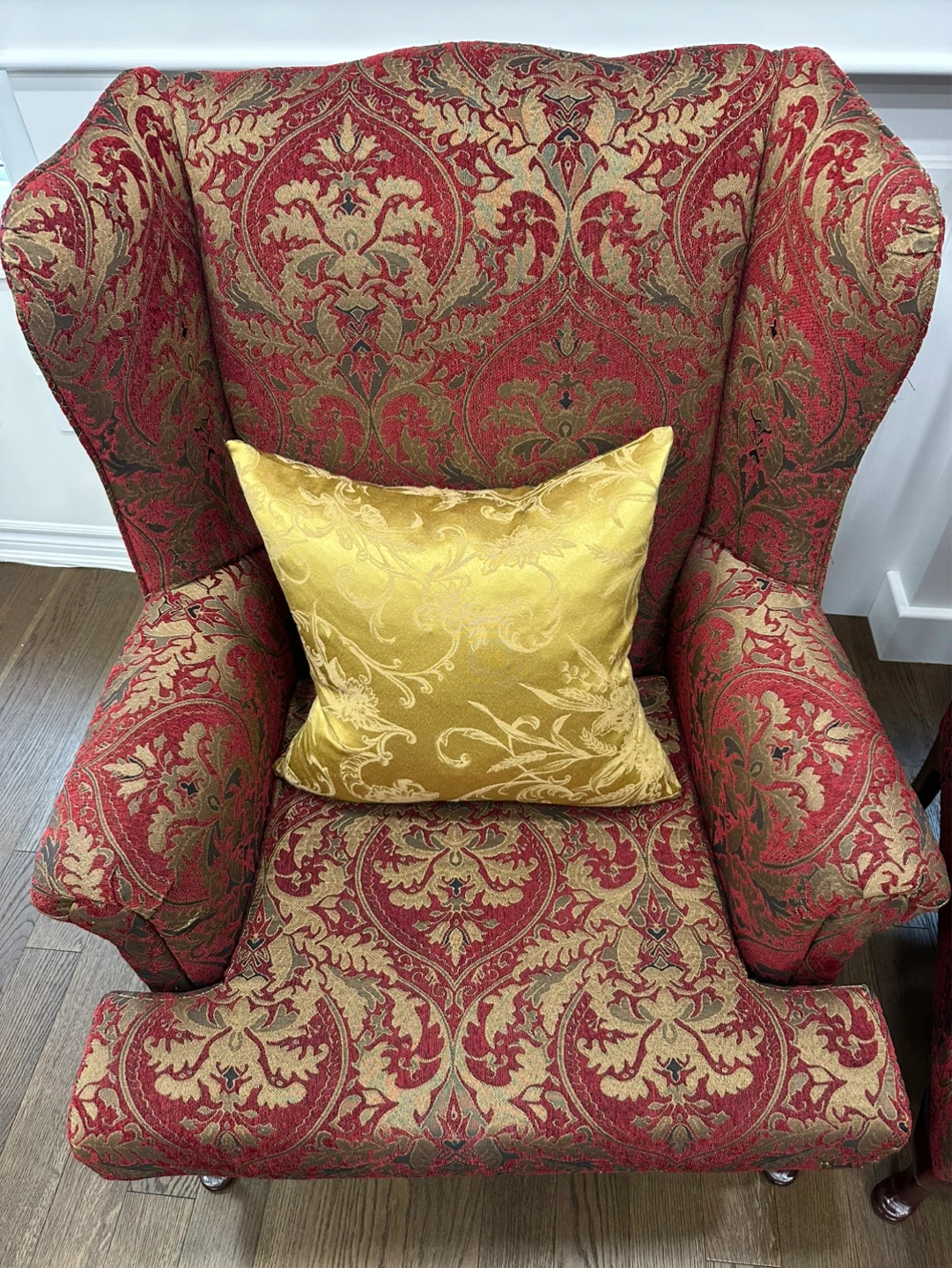 Two Red and Gold Damask Wingback Accent Chairs - photo 2