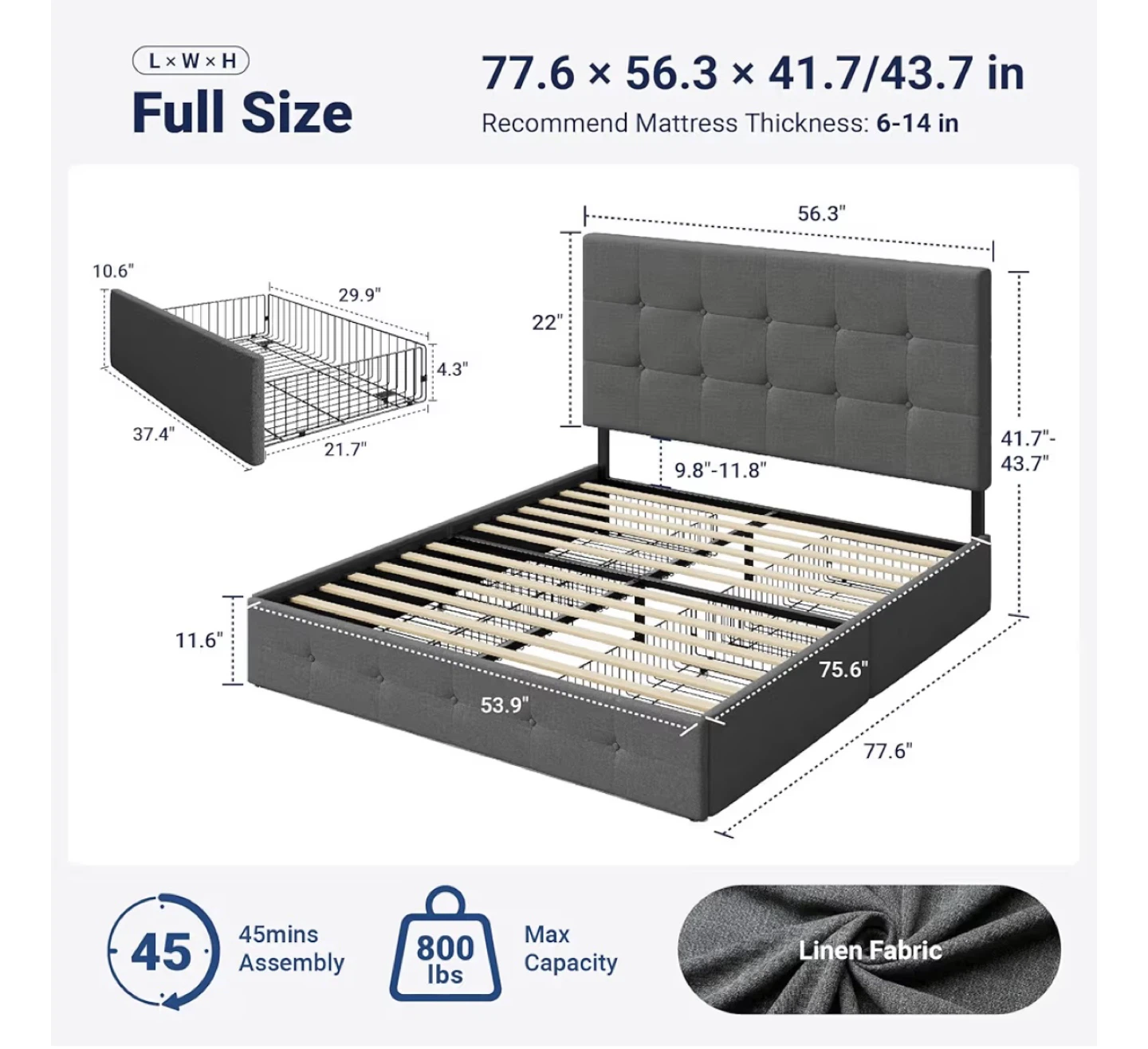 Full Size Storage Bed Frame with Adjustable Headboard - photo 3