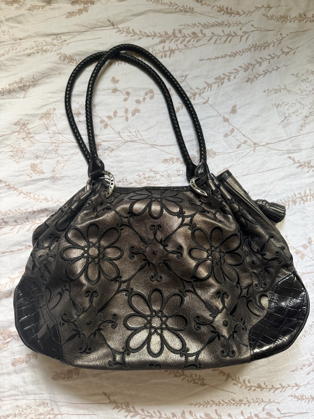 Vintage Brighton Floral Gray Black Shoulder Bag Black Purse - photo 2