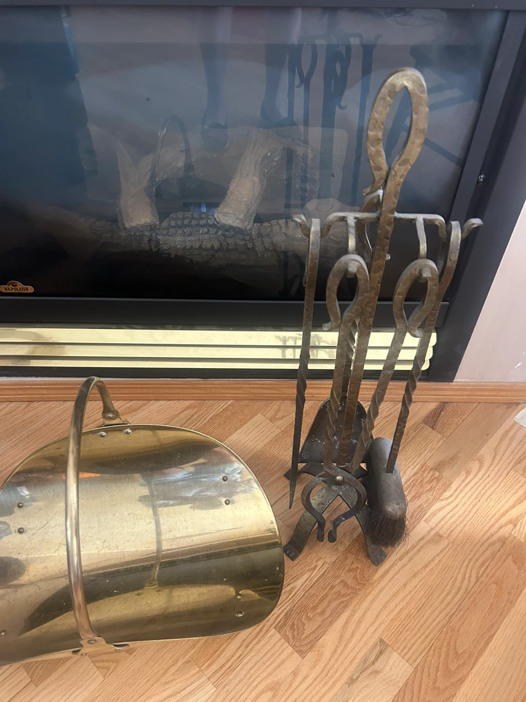 Brass Fireplace Log Holder and Metal Fireplace Tool Set