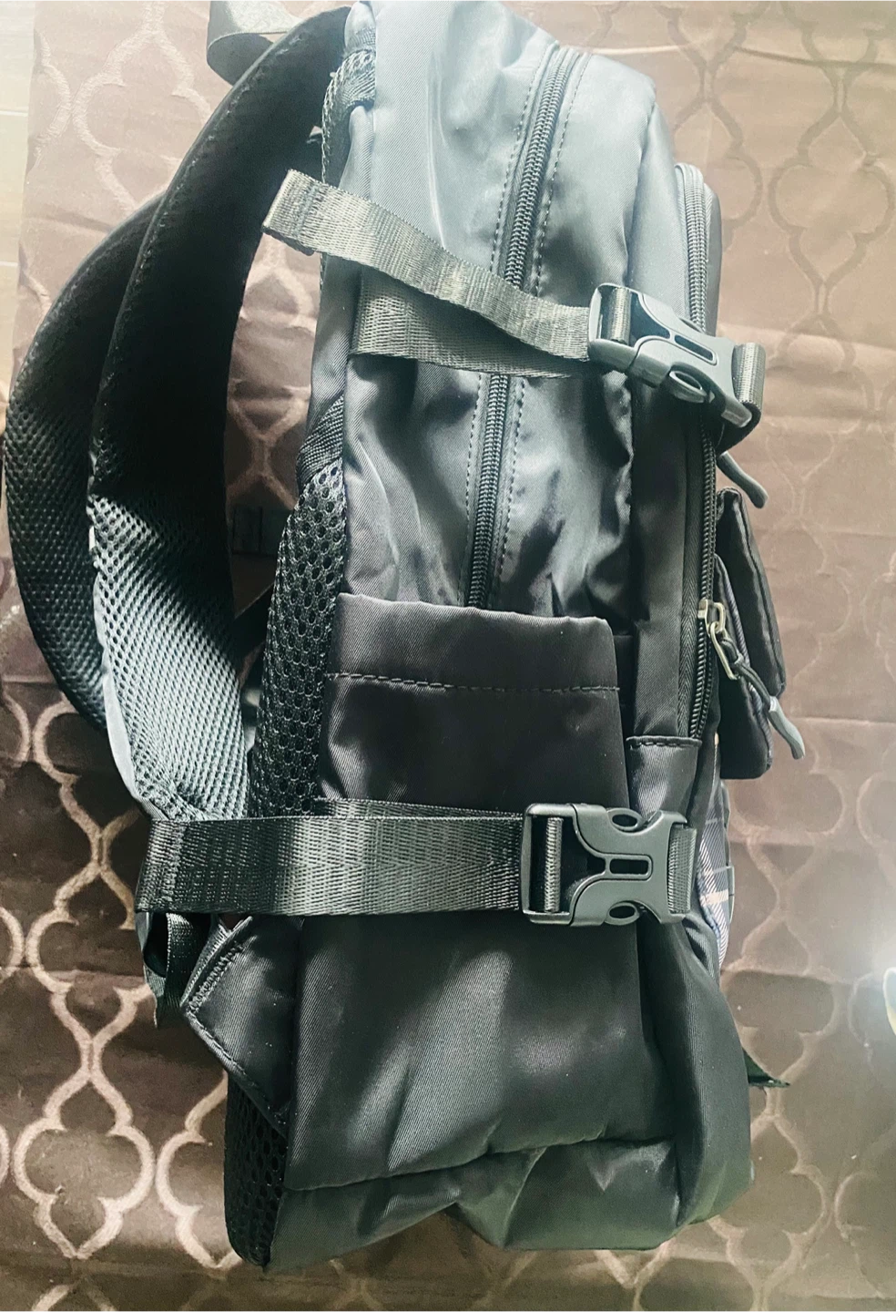 Black Multi-Pocket Backpack with Plaid Accents - photo 3