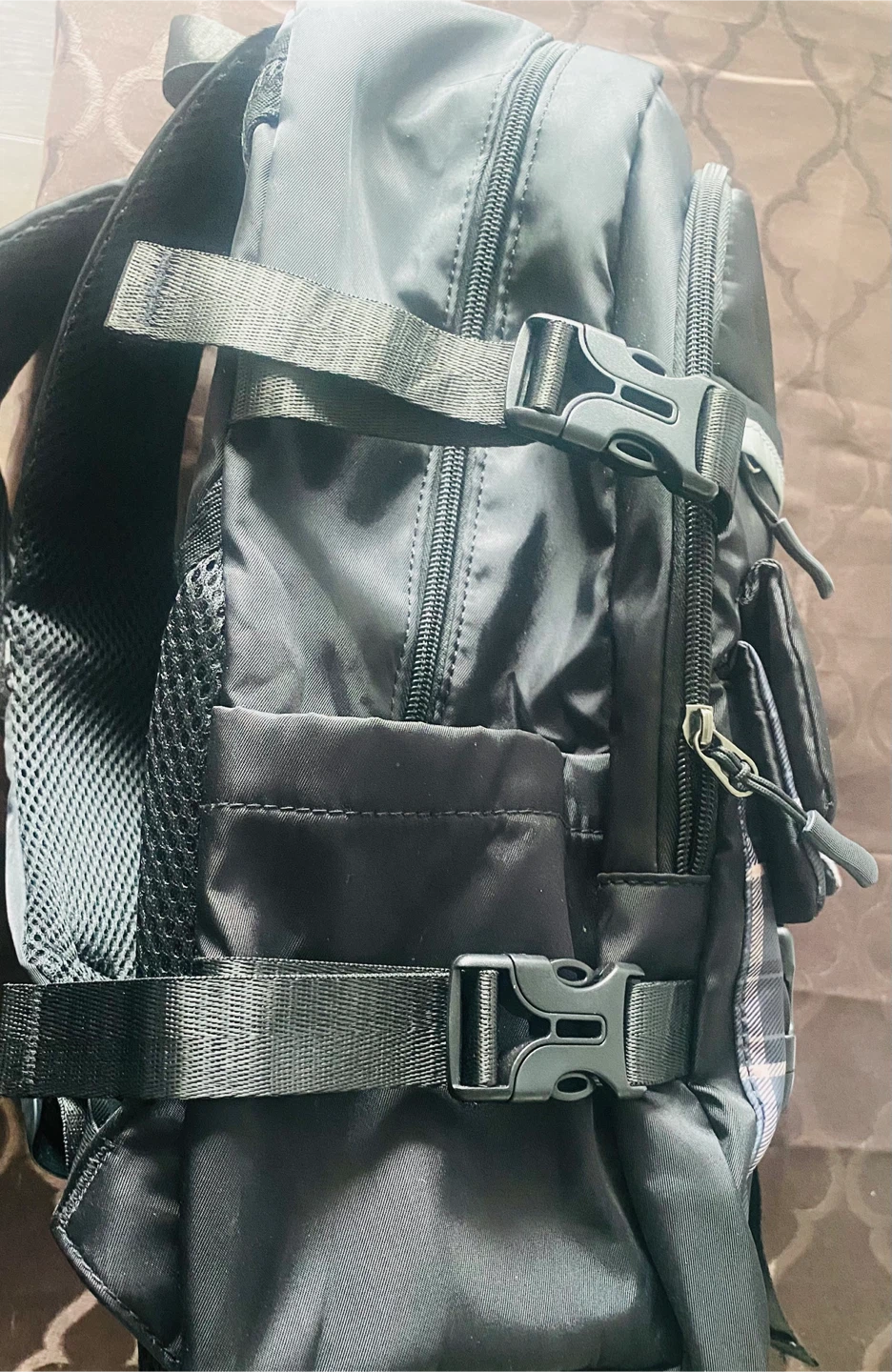 Black Multi-Pocket Backpack with Plaid Accents - photo 4