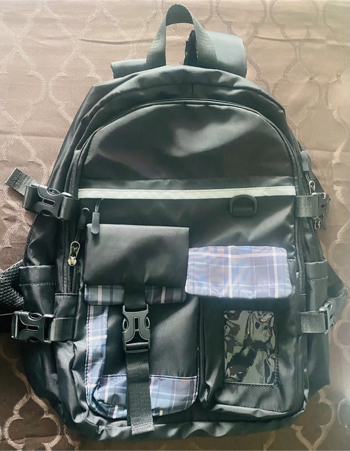Black Multi-Pocket Backpack with Plaid Accents