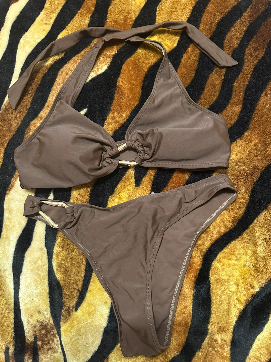 Brown Bikini Set with Gold Hardware