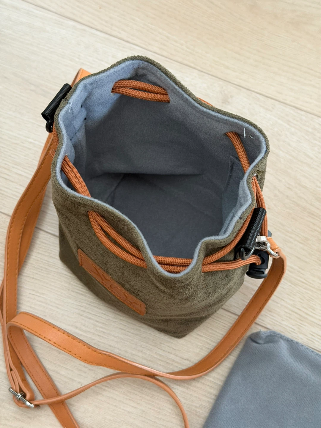 *NEVER USED* Khaki Suede Bucket Bag with Orange Drawstring - photo 2