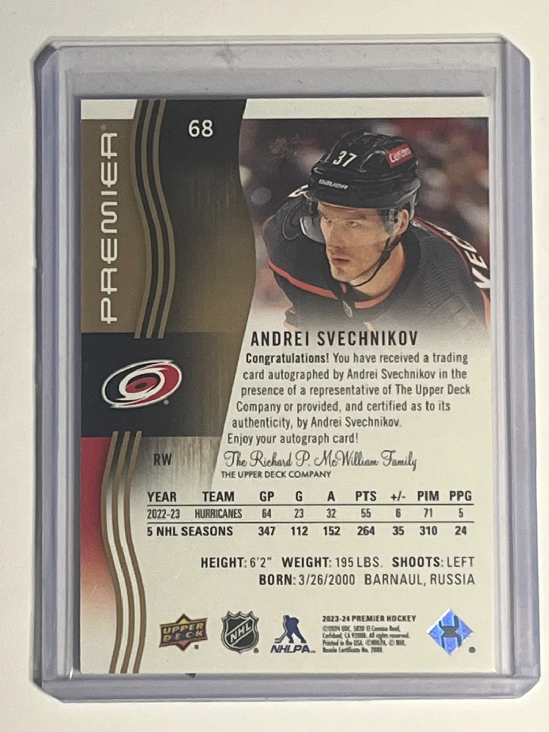 Andrei Svechnikov Autographed 2023-24 Premier Hockey Card - photo 2
