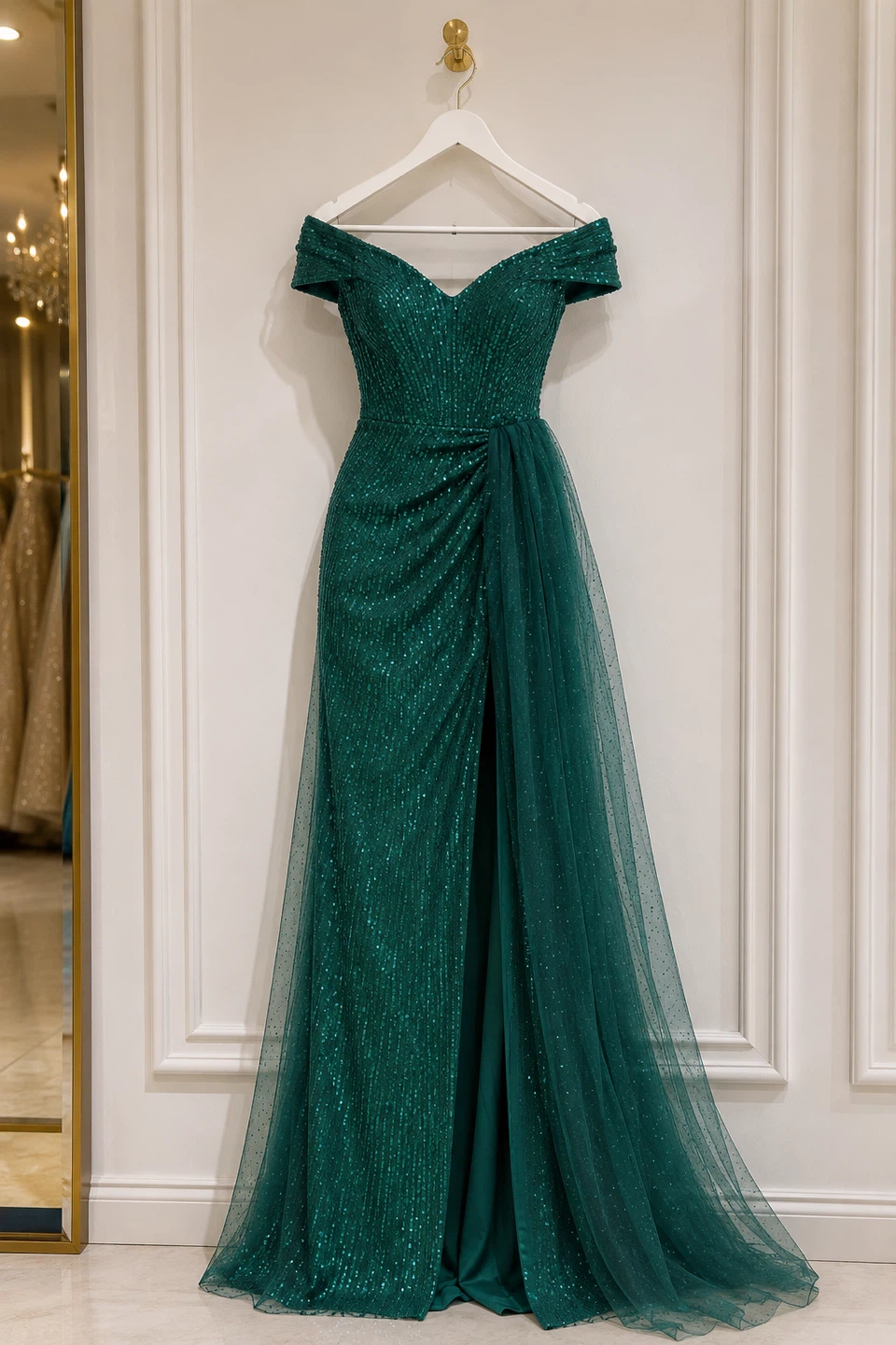 FAERIESTY Emerald Green Sequin Off-the-Shoulder Gown Size M - photo 3