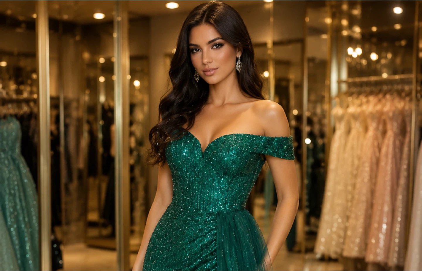 FAERIESTY Emerald Green Sequin Off-the-Shoulder Gown Size M - photo 2
