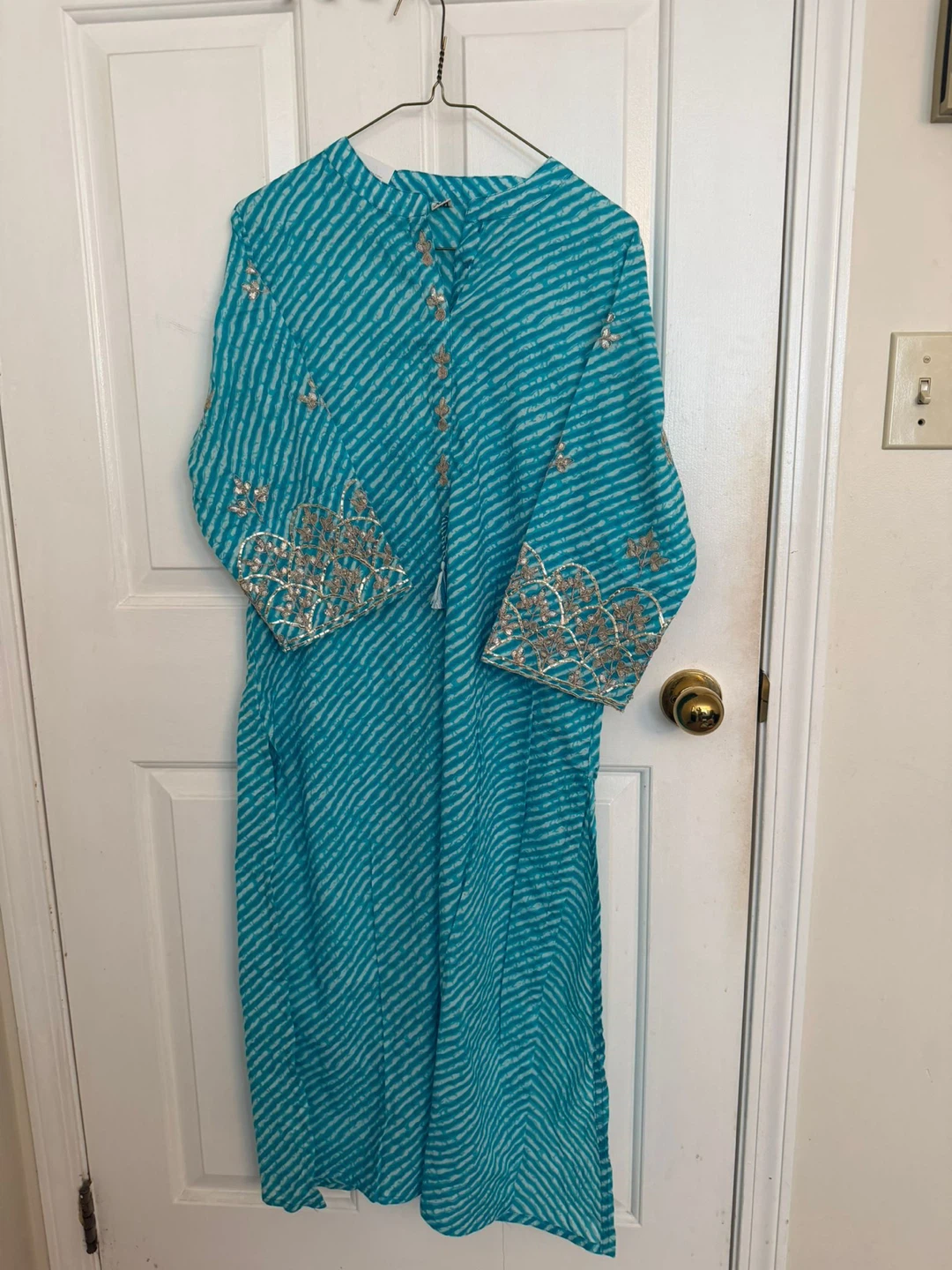 ⚽ Teal Striped Kurti with Silver Embroidery