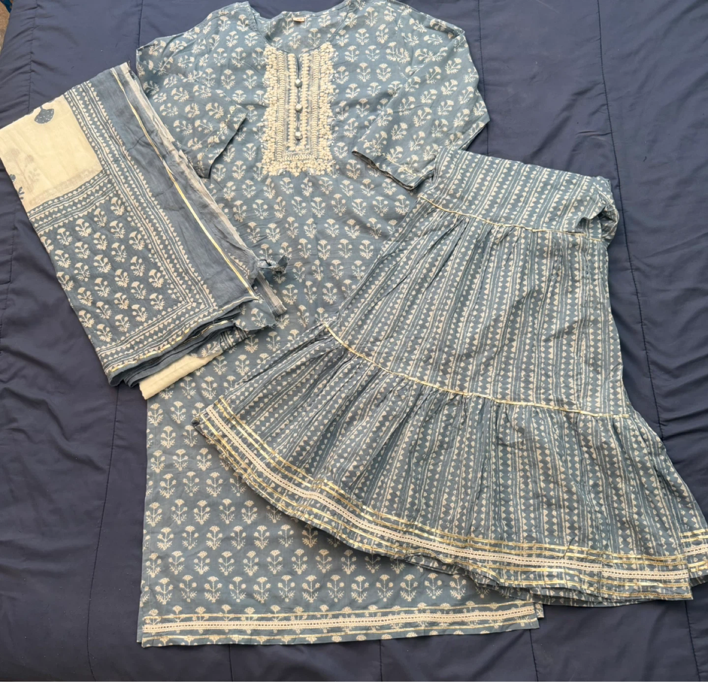⚽ Blue printed kurta, sharara, and dupatta set