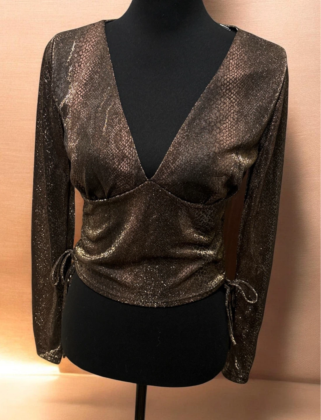 Fashion Nova Sparkly Snake Print Ruched Long Sleeve Top