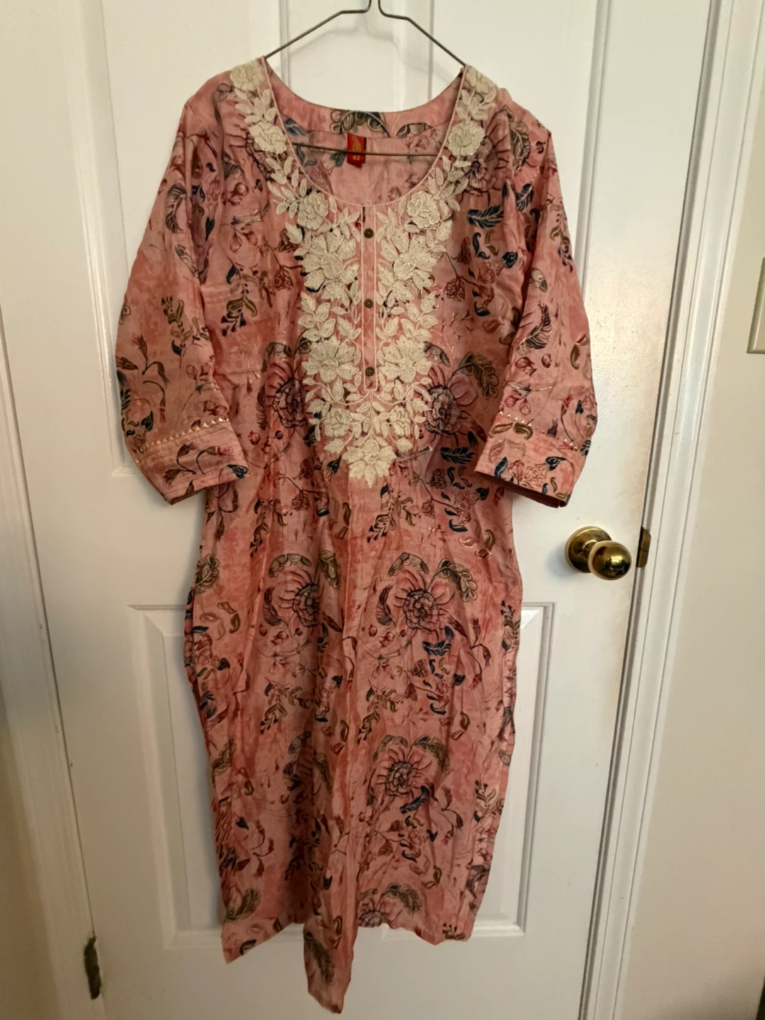 ⚽ Pink Floral Kurti with Embroidered Neckline
