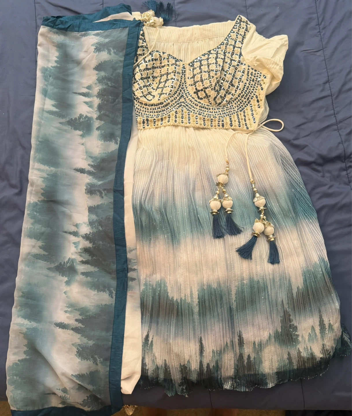 ⚽ Cream & Teal Ombre Embroidered Lehenga with Scarf