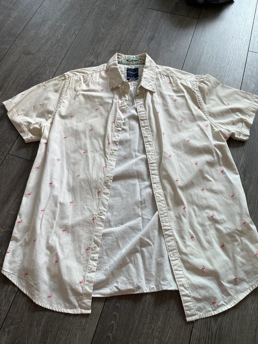 DENIM & FLOWER Short Sleeve Flamingo Print Shirt