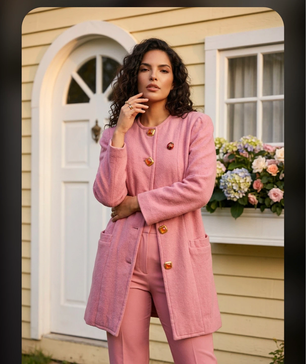 Pink Textured skirt suit with Gold Buttons