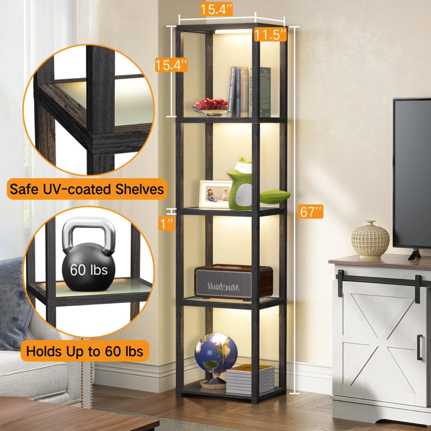 OUTON 67" Glass Display Shelf with Dimmable LED Floor Lamp - photo 2