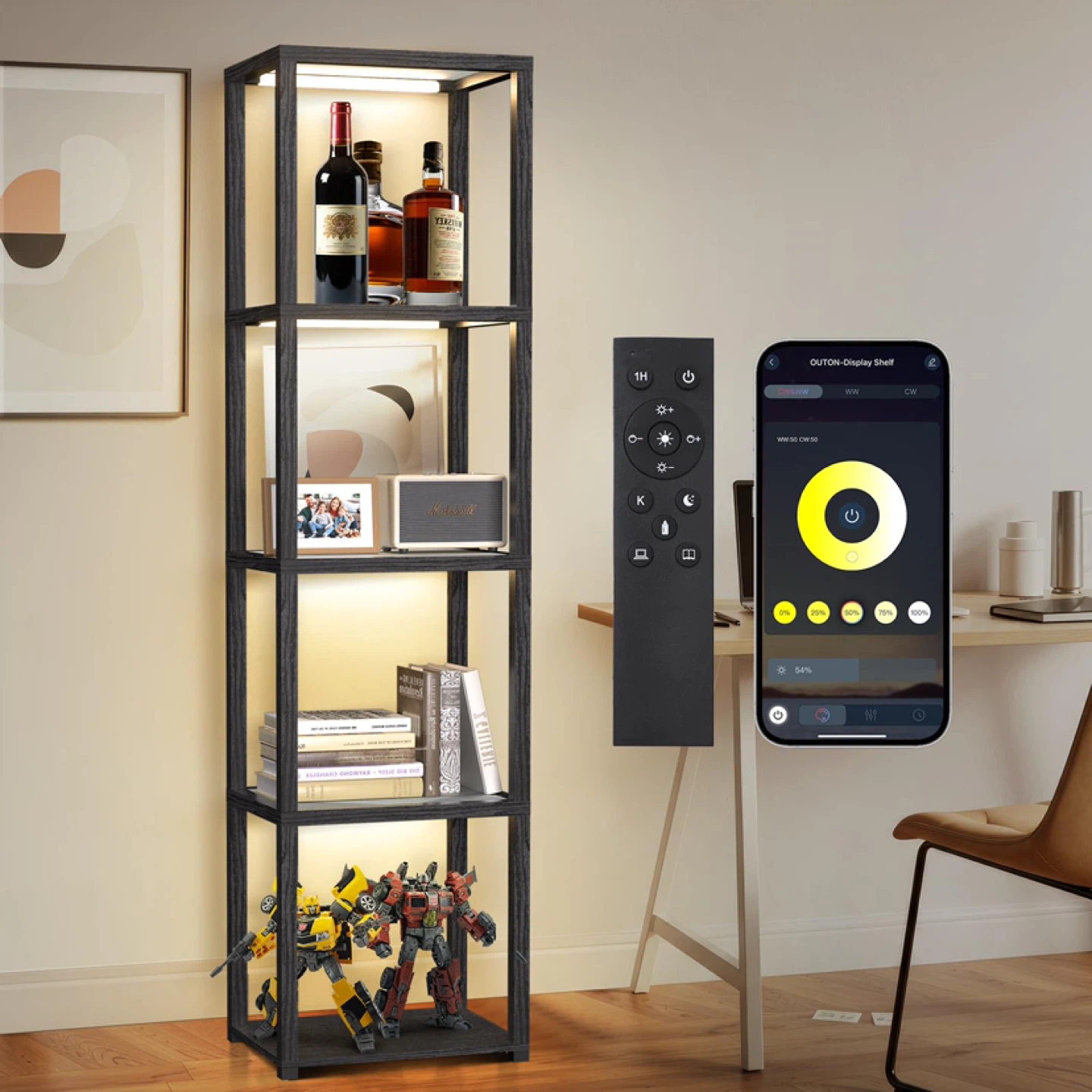 OUTON 67" Glass Display Shelf with Dimmable LED Floor Lamp