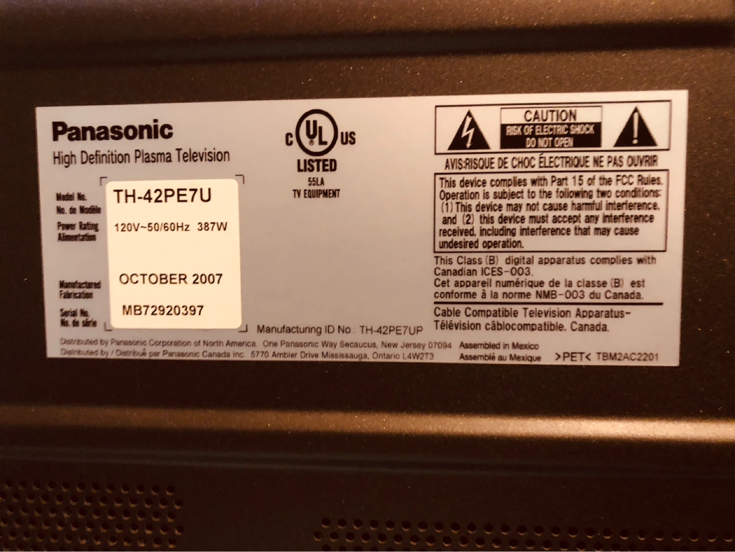 Panasonic TH-42PE7U 42" High Definition Plasma Television - photo 3