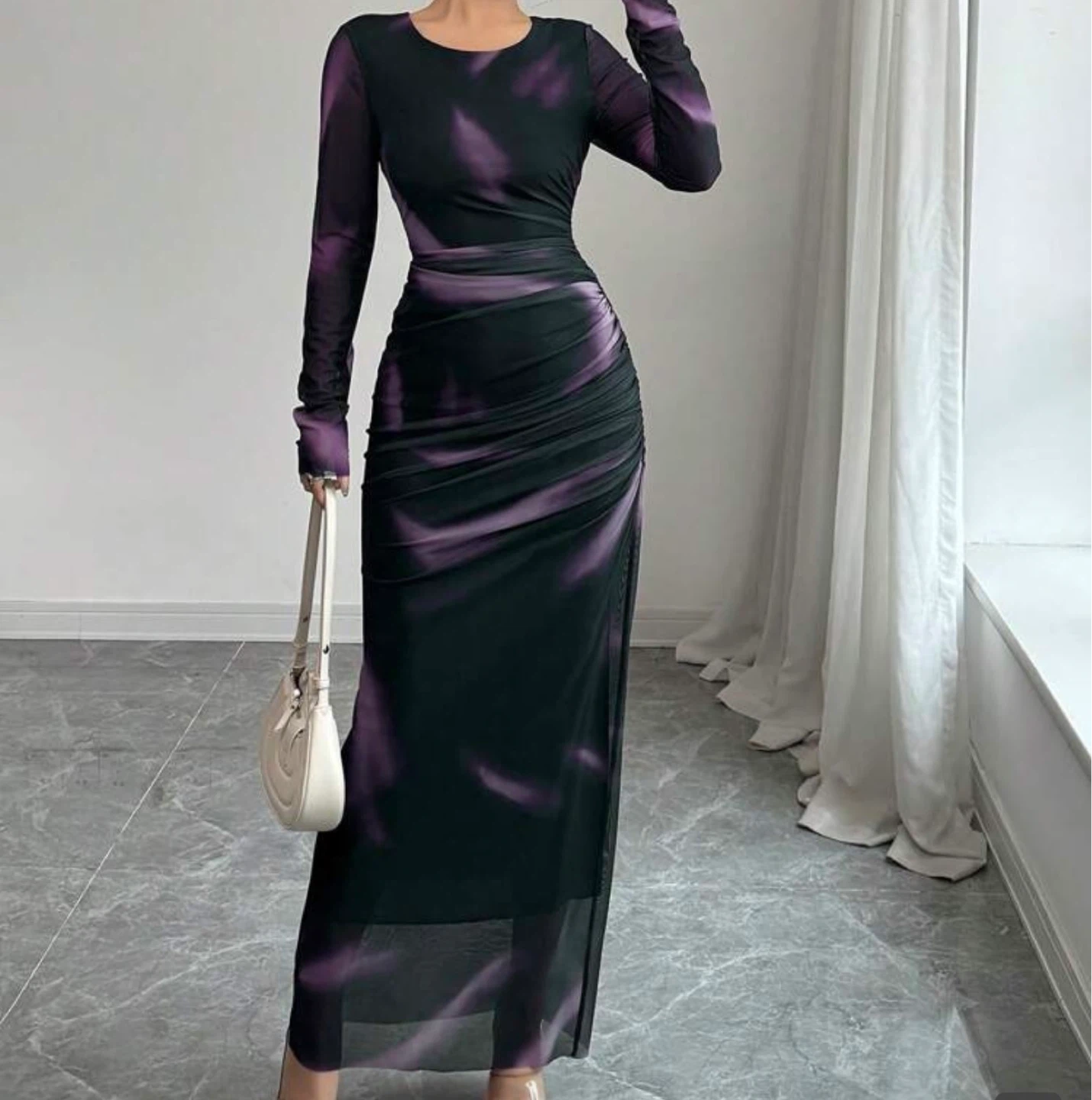 Women's Ruched Mesh Maxi Dress