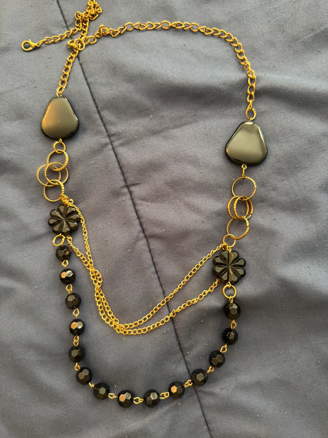⚽ Gold Tone Necklace with Black Beads and Charms