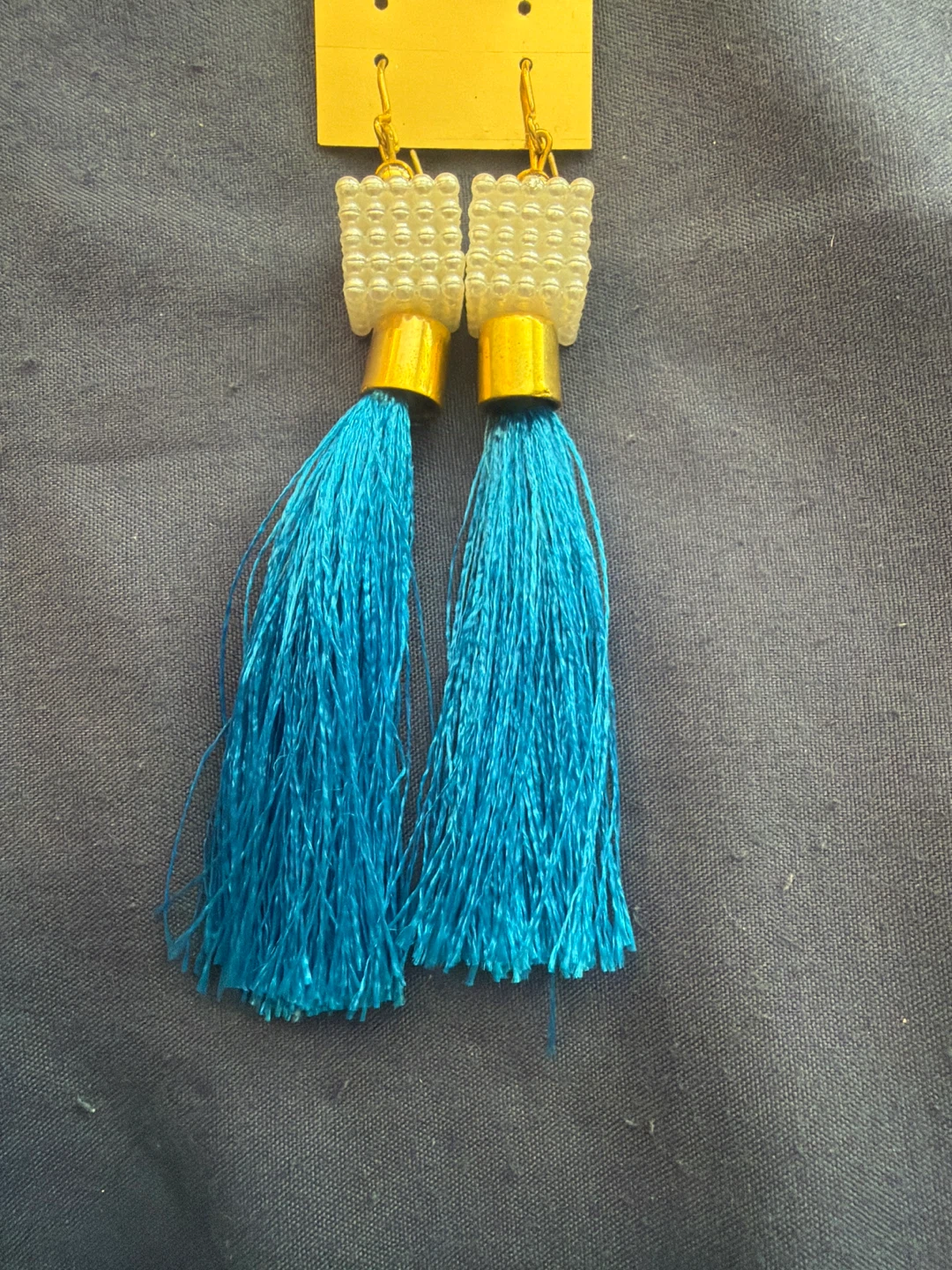⚽ Blue Tassel Earrings with White Beads
