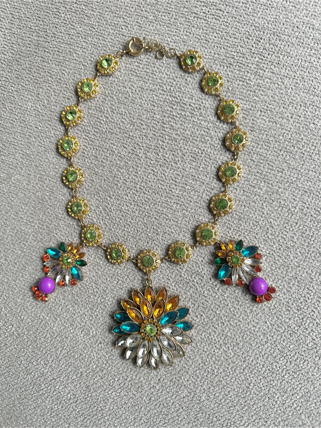 Statement Necklace with Rhinestones and Purple Beads