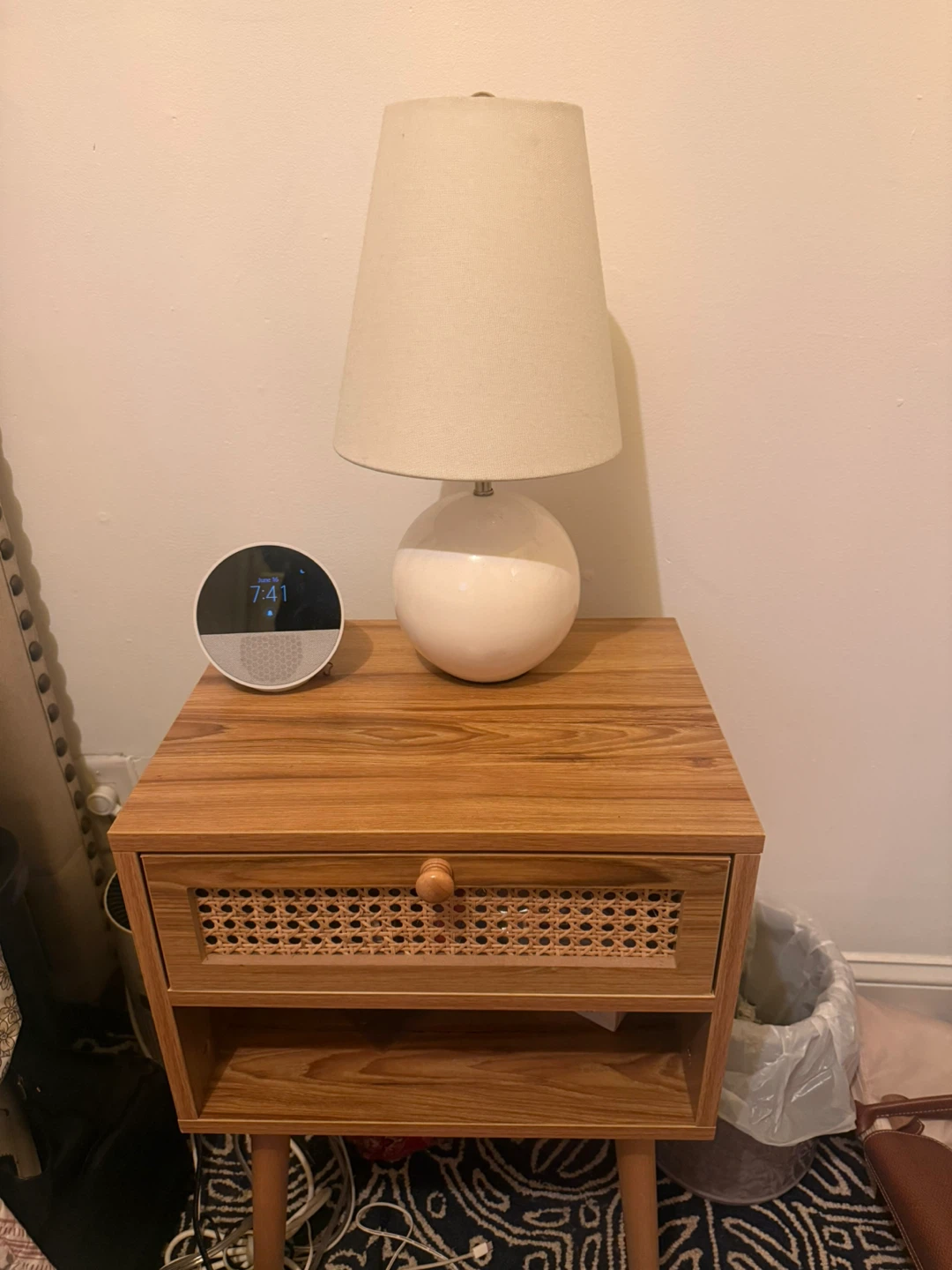 Wood Grain Nightstand with Cane Drawer Front
