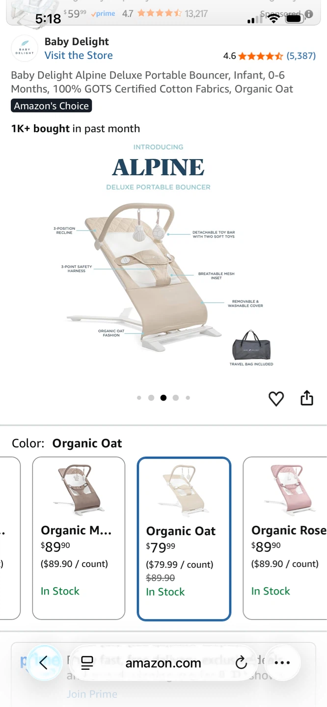 Baby Delight Alpine Deluxe Portable Bouncer - Organic Oat