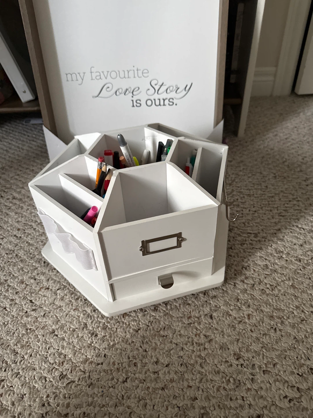 White Rotating Desk Organizer with Drawers and Hooks
