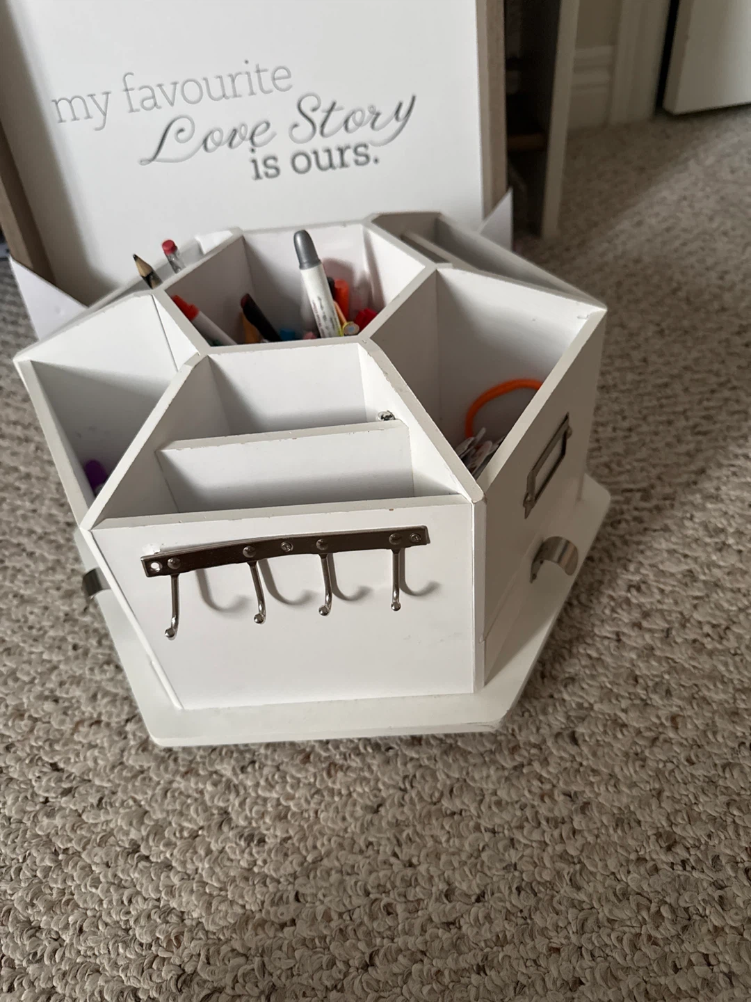 White Rotating Desk Organizer with Drawers and Hooks - photo 2