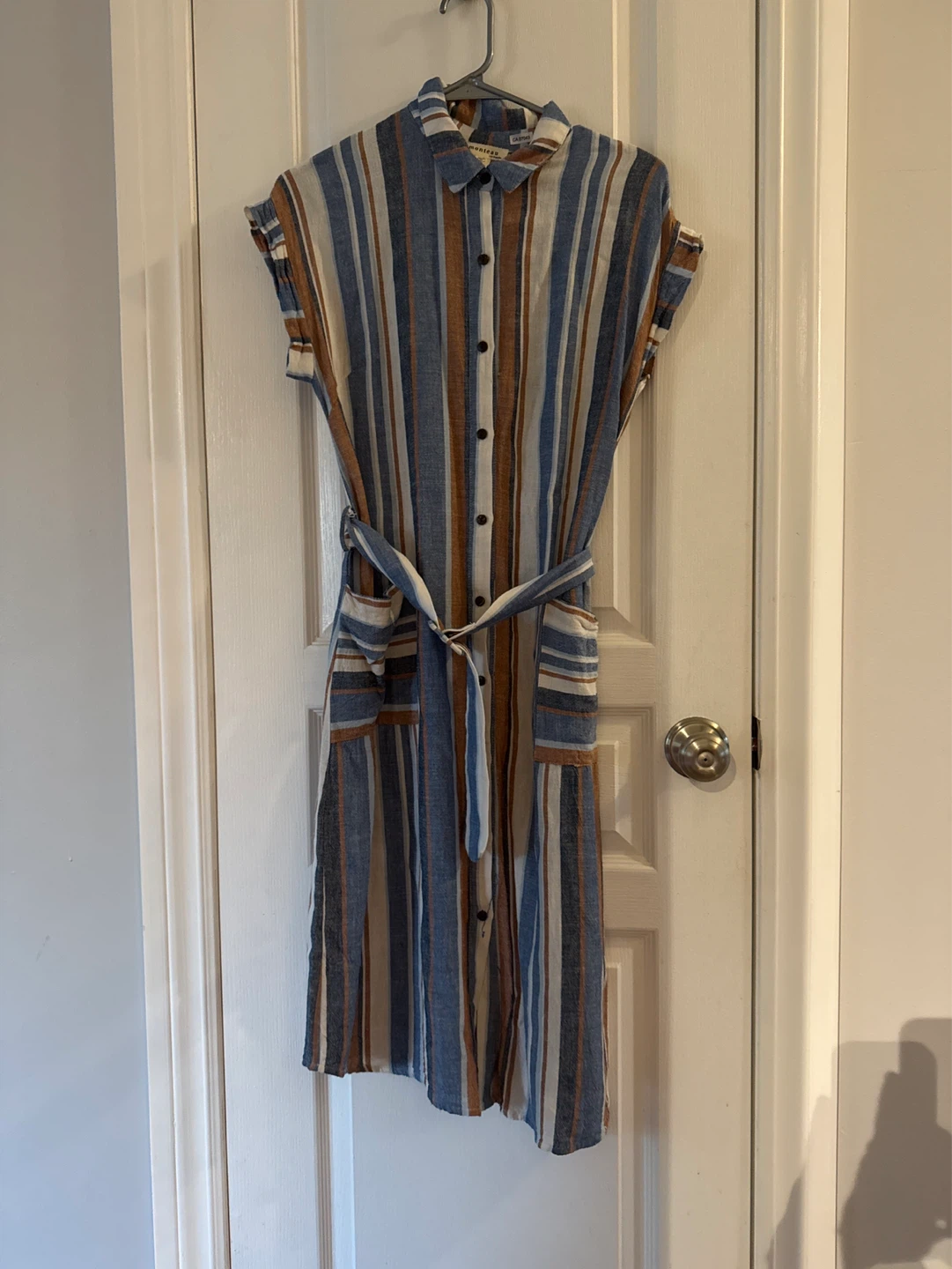 Monteau Striped Button-Up Dress with Belt