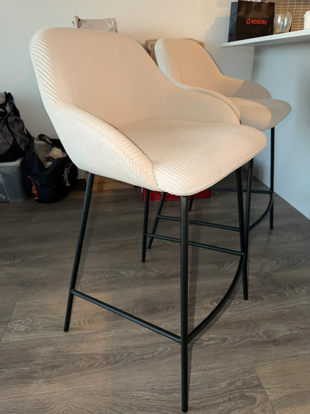 Pair of Beige Corduroy Counter Stools - photo 2